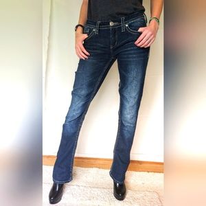 Seven7 Dark Distressed Denim Low Rise Flare Jeans 28